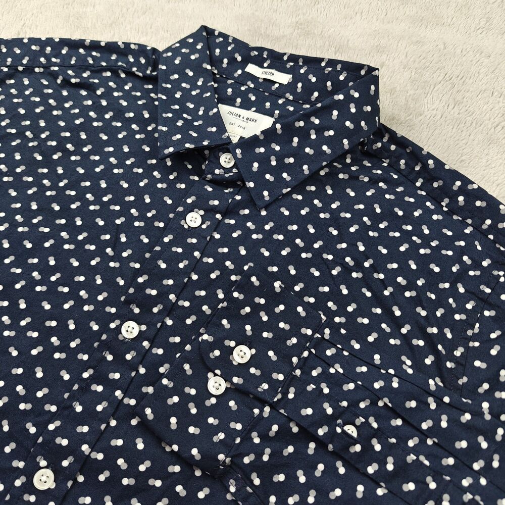 Julian & Mark Dress Shirt Men's L Short Navy White Dot Stretch Slim Fit
